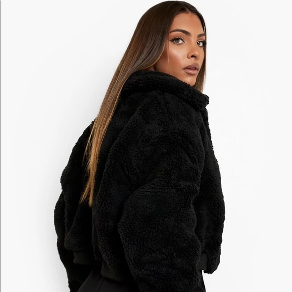 Boohoo Crop Faux Teddy Fur Bomer Jacket Size 10 - Picture 3 of 10